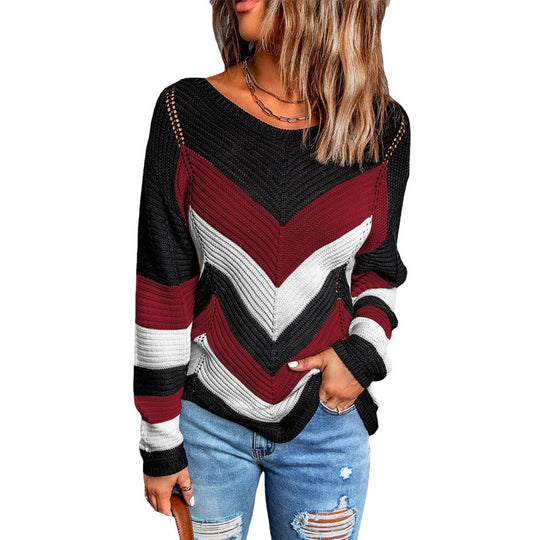 Damen Modischer Strickpullover mit Chevron-Muster und lockerer Passform R&B