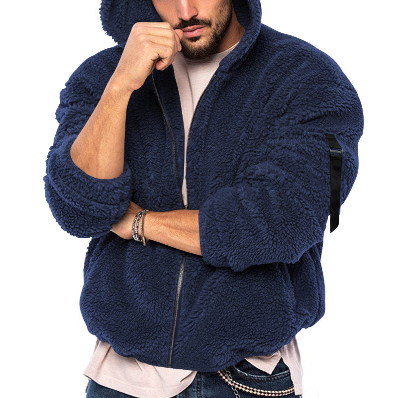 Herren kuschelige Teddyjacke mit seitlichen Reißverschlusstaschen und Kapuze R&B