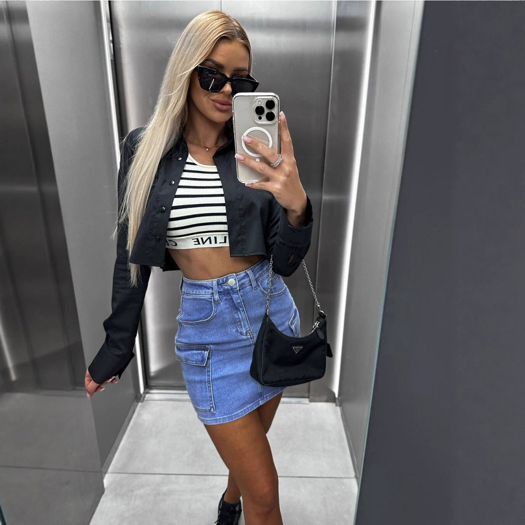 Damen cropped Bluse mit elegantem Kragen und praktischen Taschen R&B