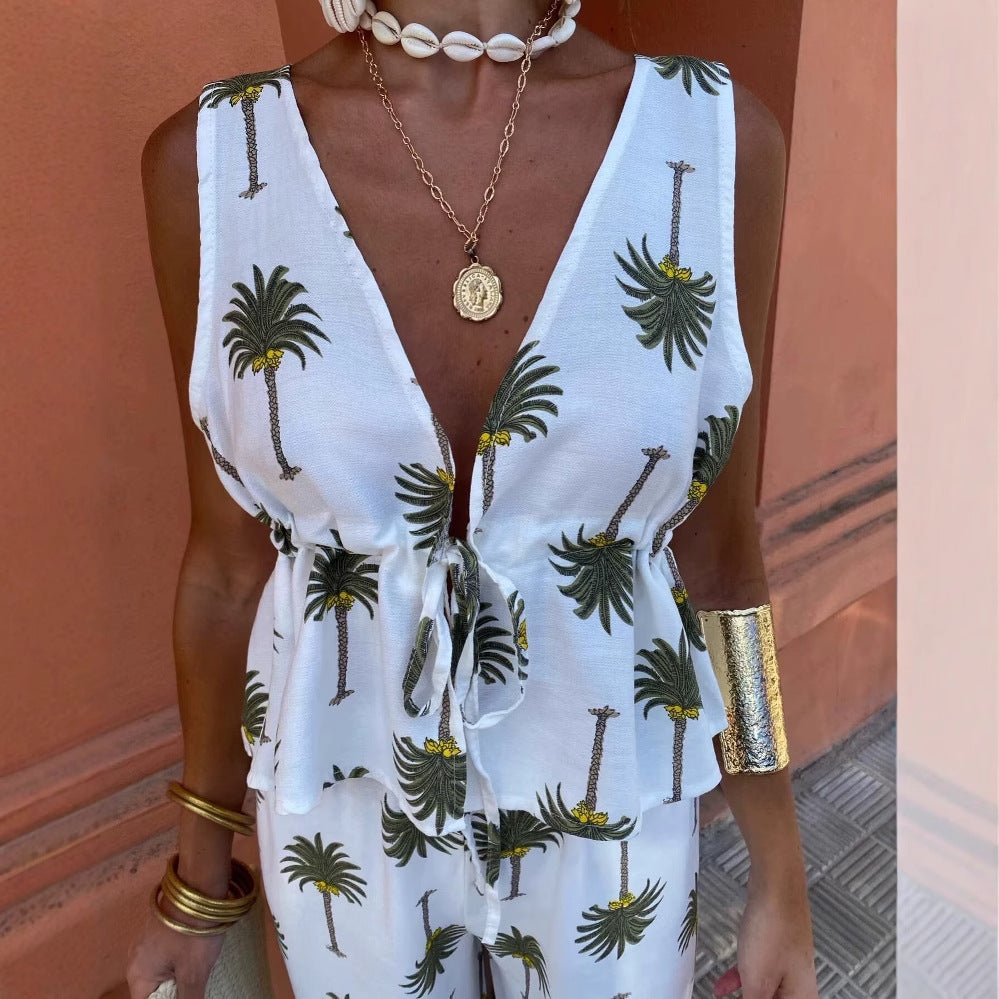 Damen Palazzo-Hose mit floralem Palmbaum-Print und seitlichen Schnürdetails R&B