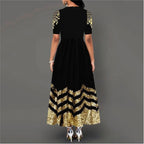 Damen Maxikleid mit kunstvollem Goldstickdesign und elegantem Zickzackmuster R&B