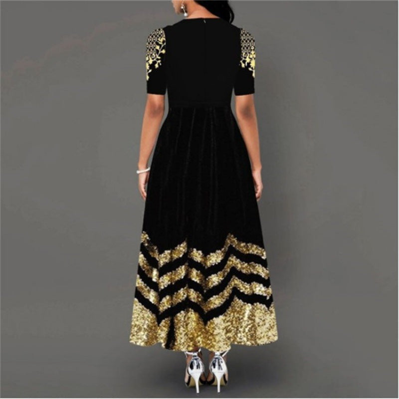 Damen Maxikleid mit kunstvollem Goldstickdesign und elegantem Zickzackmuster R&B