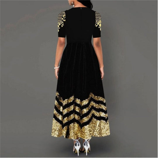 Damen Maxikleid mit kunstvollem Goldstickdesign und elegantem Zickzackmuster R&B