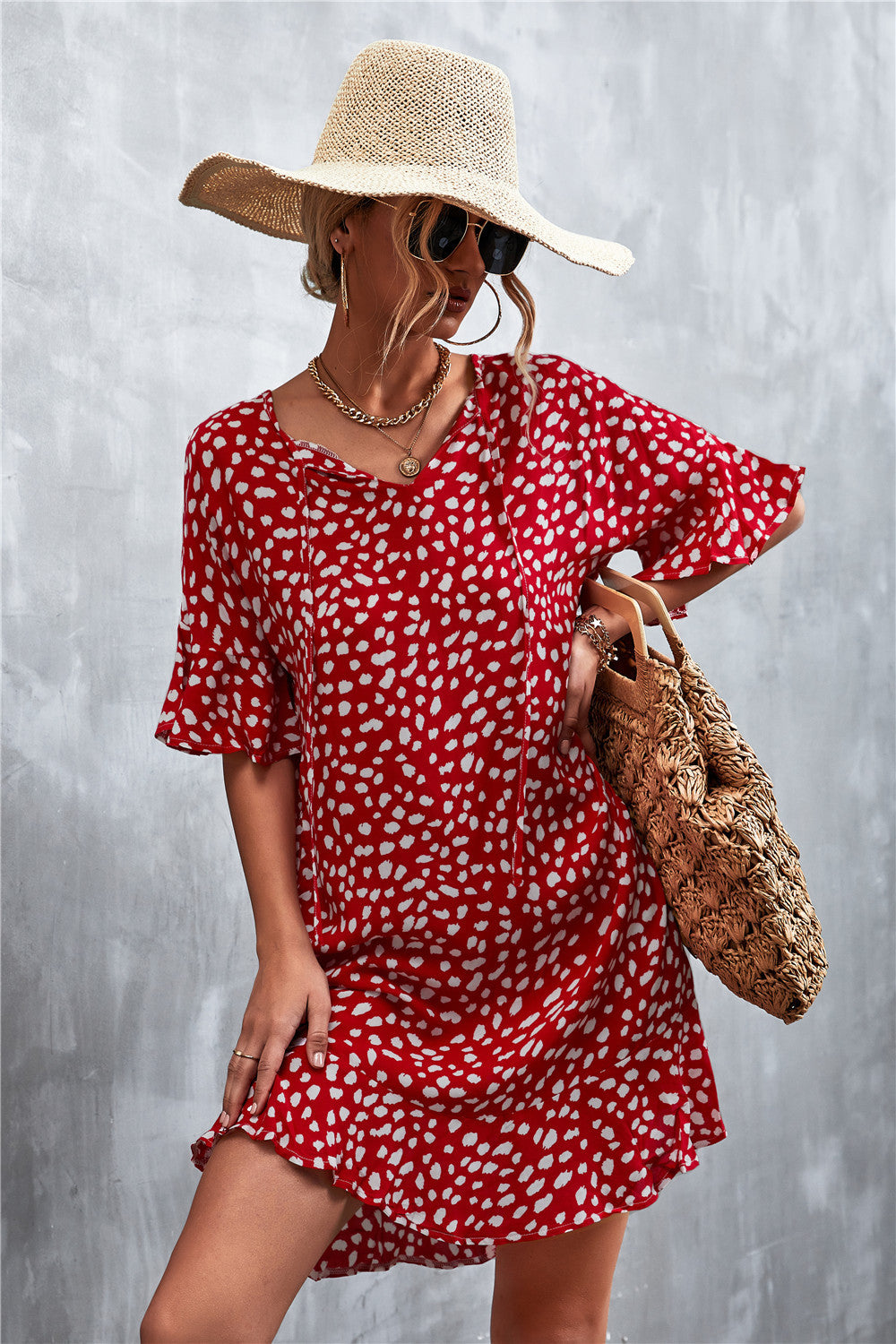 Damen lässiges V-Ausschnitt Sommerkleid mit voluminösen Ärmeln R&B