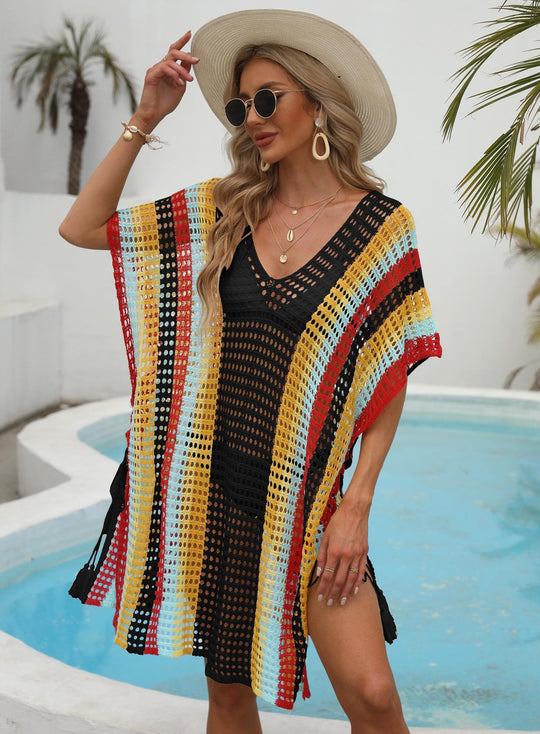 Damen lässiger Häkel-Strandüberwurf mit buntem Muster R&B