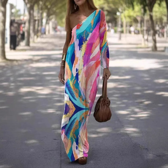 Damen Maxikleid mit asymmetrischem Schnitt und lebhaftem Farbdesign R&B