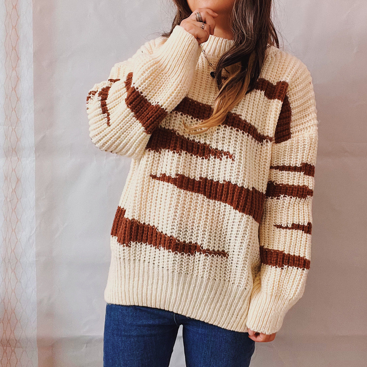 Damen Grobstrickpullover mit luxuriösem Muster und körperbetontem Schnitt R&B