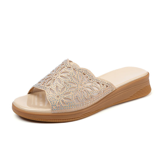 Damen Elegante Wedge-Sandaletten mit funkelndem Blütenmuster und komfortablem Fußbett R&B