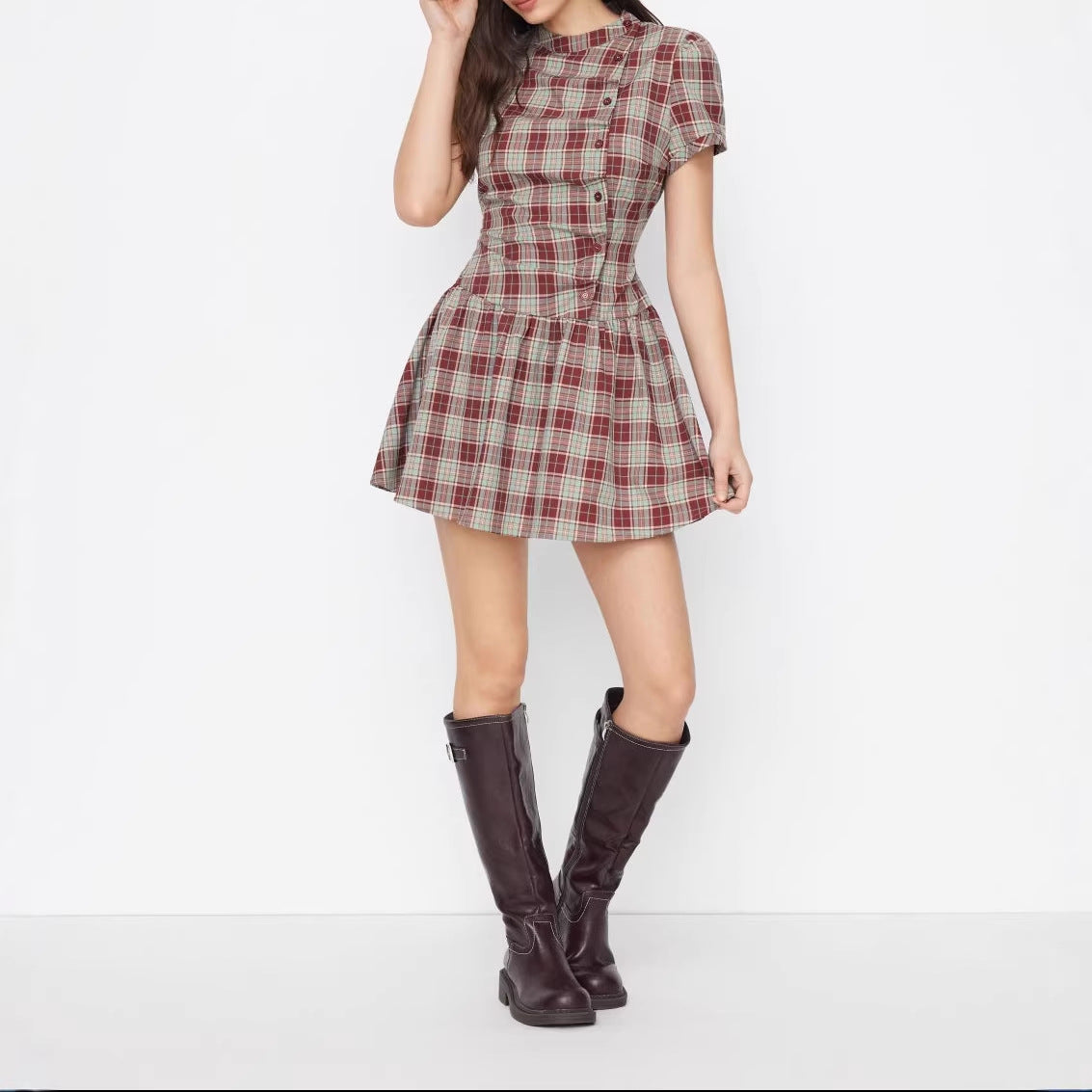 Damen Karo Kurzarmkleid R&B