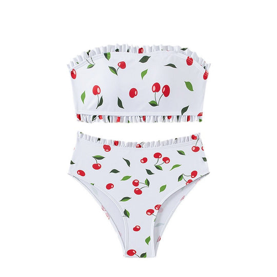 Damen Bandeau-Bikini mit fröhlichem Kirschmuster und eleganter Rüsche R&B