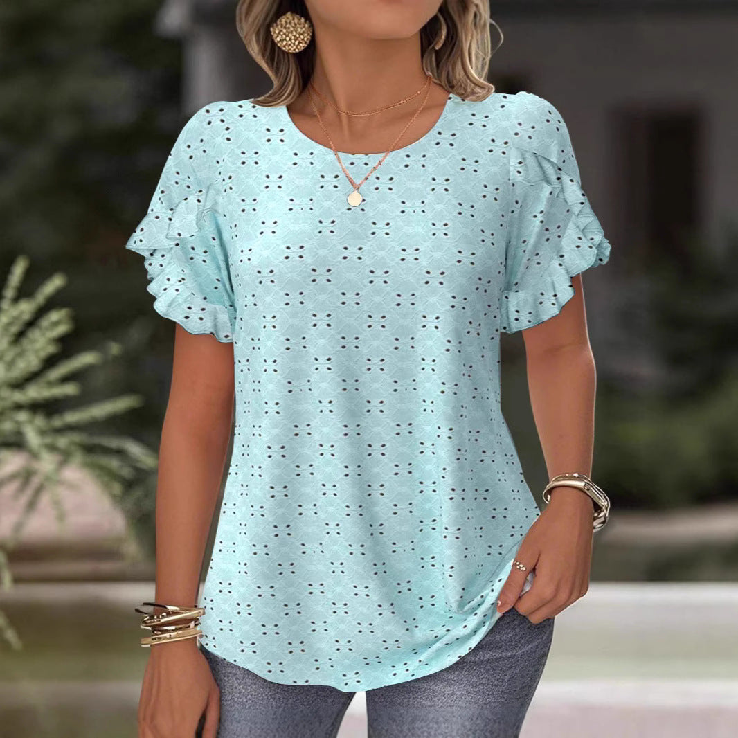 Damen nan Broderie-Anglaise-Bluse mit doppeltem Volantärmel und legerer Hüftlänge R&B