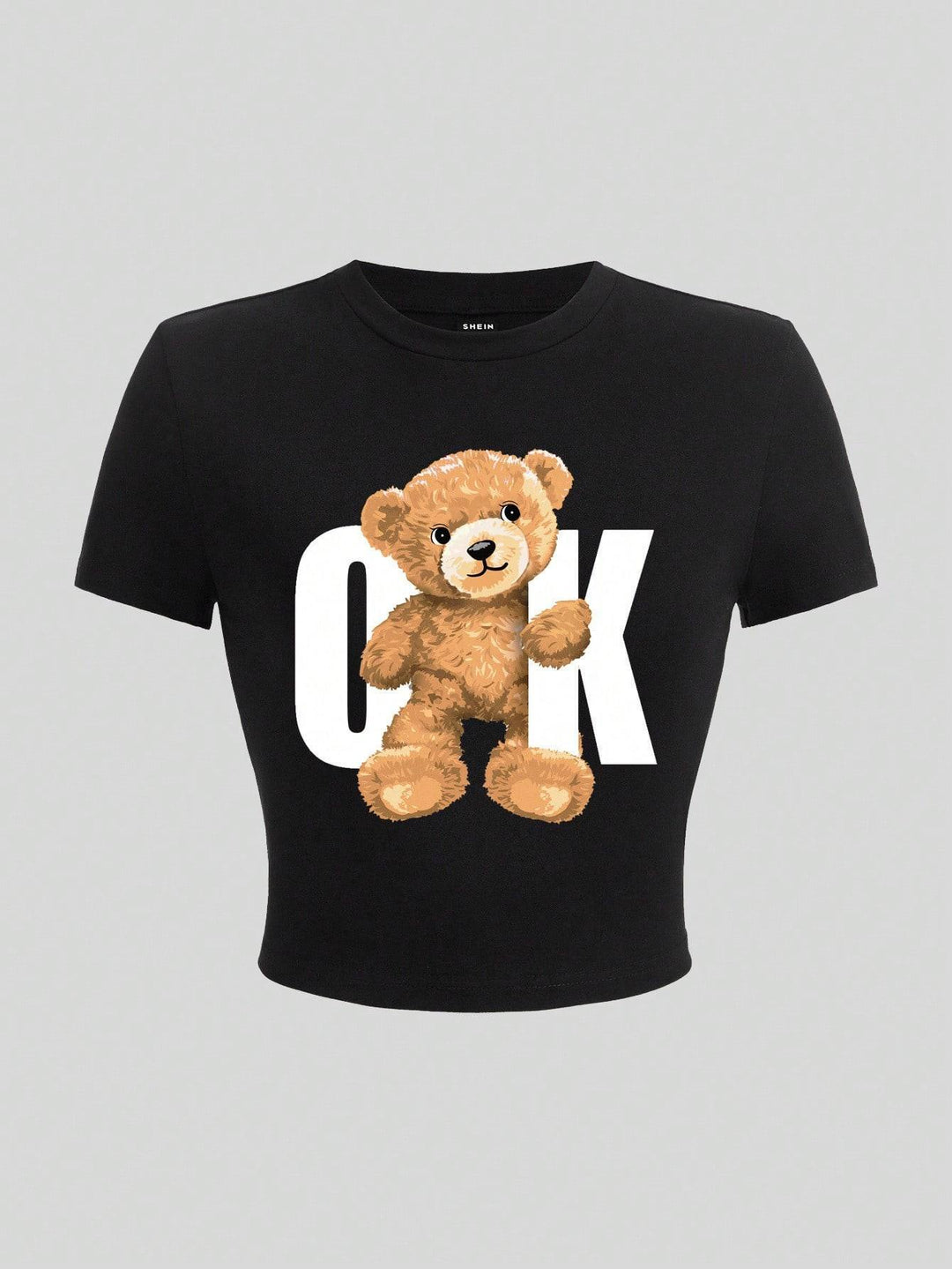 Damen Crop-T-Shirt mit verspieltem Bärenmotiv und modischem Schriftzug R&B