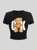 Damen Crop-T-Shirt mit verspieltem Bärenmotiv und modischem Schriftzug R&B