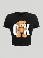 Damen Crop-T-Shirt mit verspieltem Bärenmotiv und modischem Schriftzug R&B