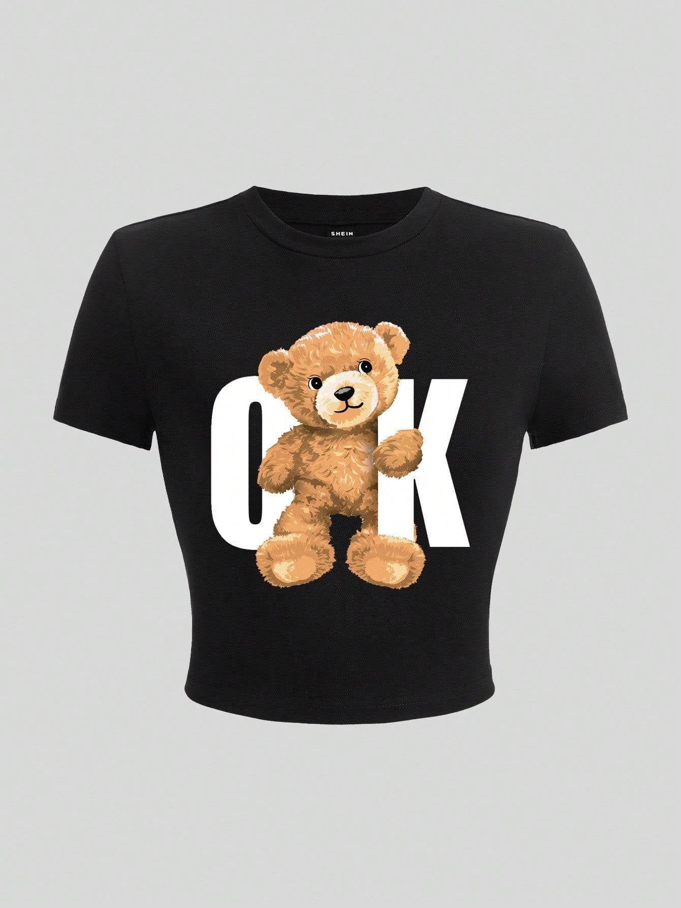 Damen Crop-T-Shirt mit verspieltem Bärenmotiv und modischem Schriftzug R&B