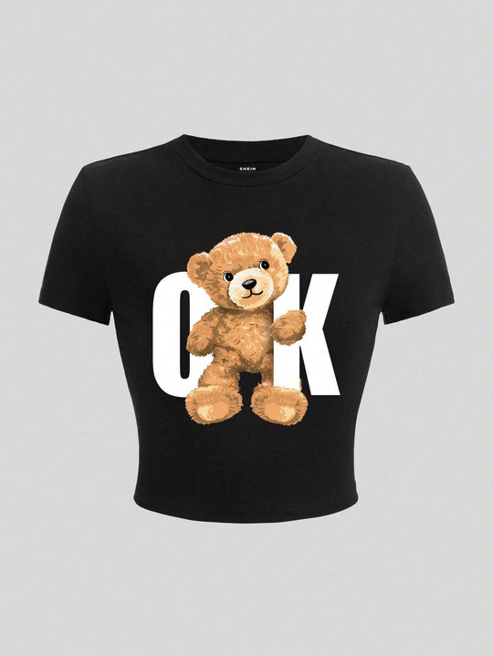 Damen Crop-T-Shirt mit verspieltem Bärenmotiv und modischem Schriftzug R&B