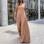Damen luftiger Maxijumpsuit mit dekorativen Falten und seitlichen Taschen R&B