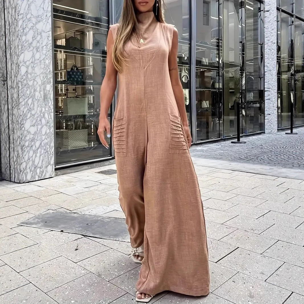 Damen luftiger Maxijumpsuit mit dekorativen Falten und seitlichen Taschen R&B