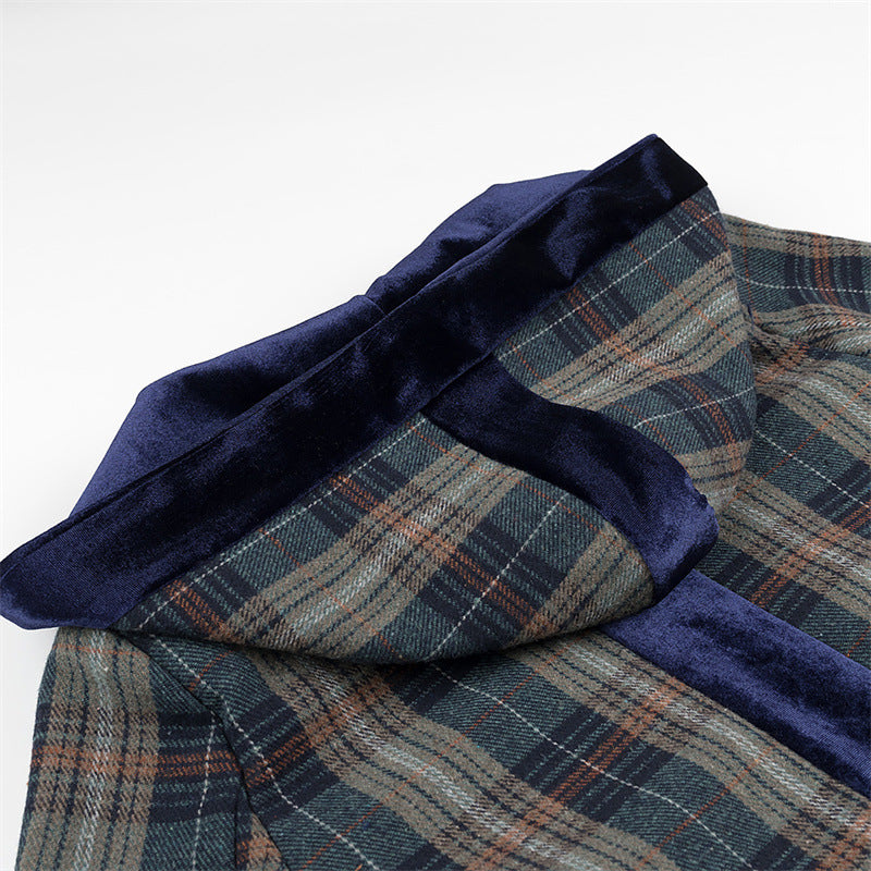 Damen Langer Blazer mit eleganter Karomusterung und luxuriösem Samtkragen R&B