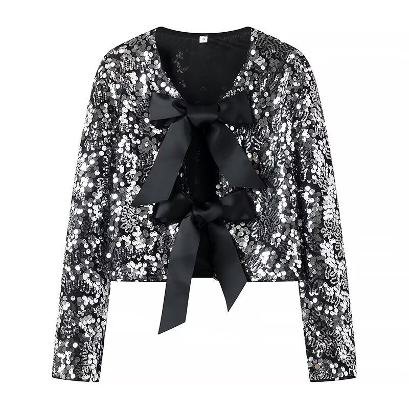 Damen elegante Lurex-Partyjacke mit Rüschen und schönen Schleifen R&B