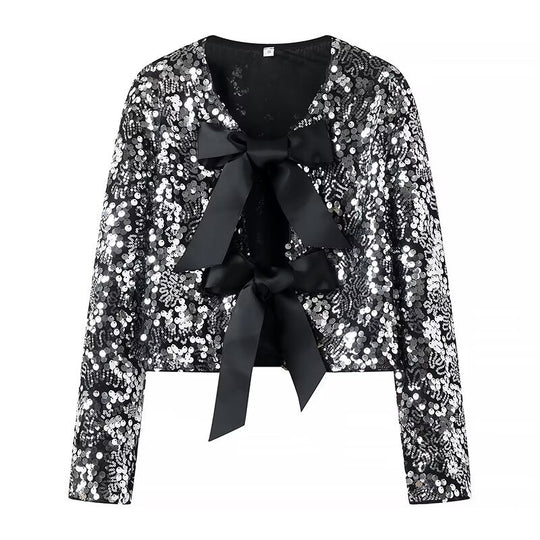 Damen elegante Lurex-Partyjacke mit Rüschen und schönen Schleifen R&B