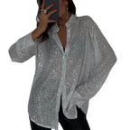 Damen Glamouröse Transparente Bluse mit Pailletten R&B