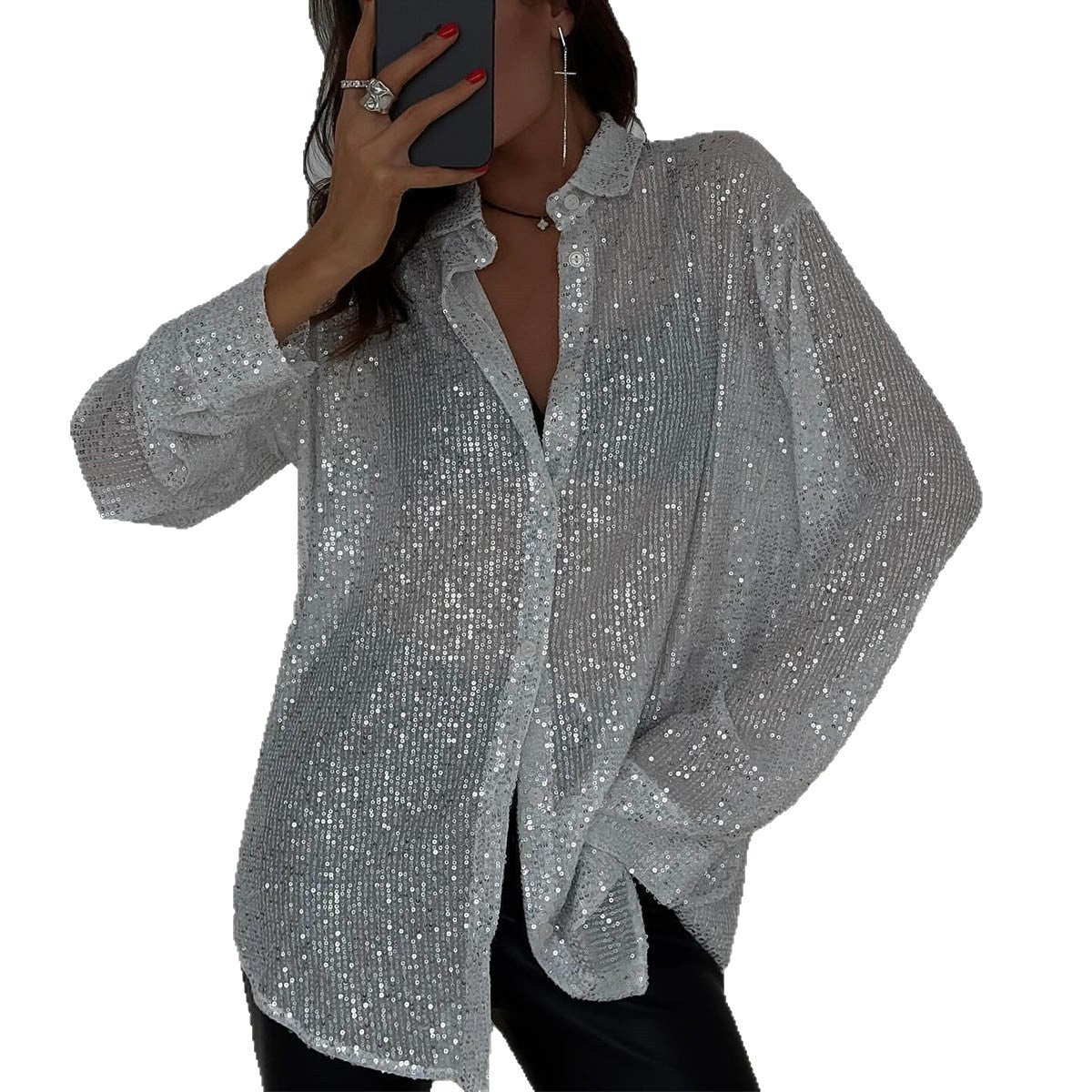 Damen Glamouröse Transparente Bluse mit Pailletten R&B