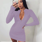 Damen Körperbetontes Strickkleid mit tiefem V-Ausschnitt und langen Ärmeln R&B