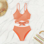 Damen Hochgeschnittener Bikini mit gekreuztem Oberteil und eleganter Rippstruktur R&B