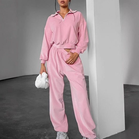 Damen Lässiges Trainingsanzug-Set mit kurzer Zipjacke und weiten Hosen R&B