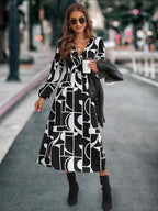 Damen Midikleid mit modernem geometrischen Muster und elastischem Bund R&B