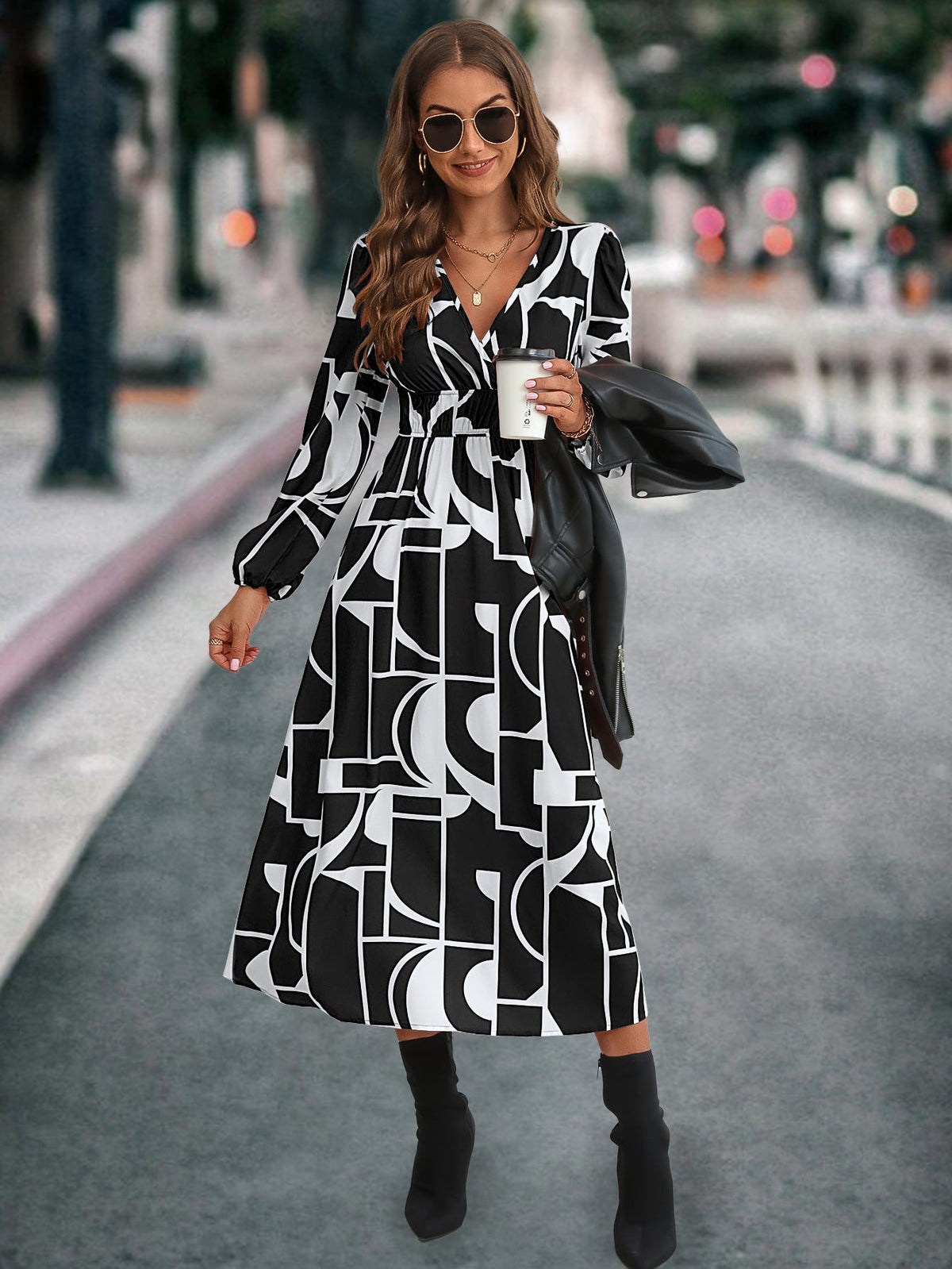 Damen Midikleid mit modernem geometrischen Muster und elastischem Bund R&B