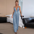 Damen Glitzernder Jumpsuit mit tiefem V-Ausschnitt und weitem Beinschnitt R&B