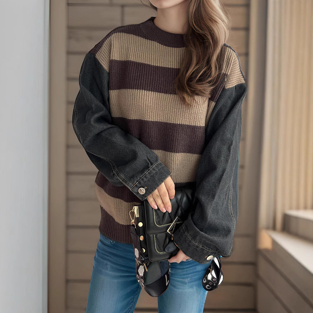Damen lässiger Strickpullover mit auffälligem Blockstreifenmuster und weiten Ärmeln R&B