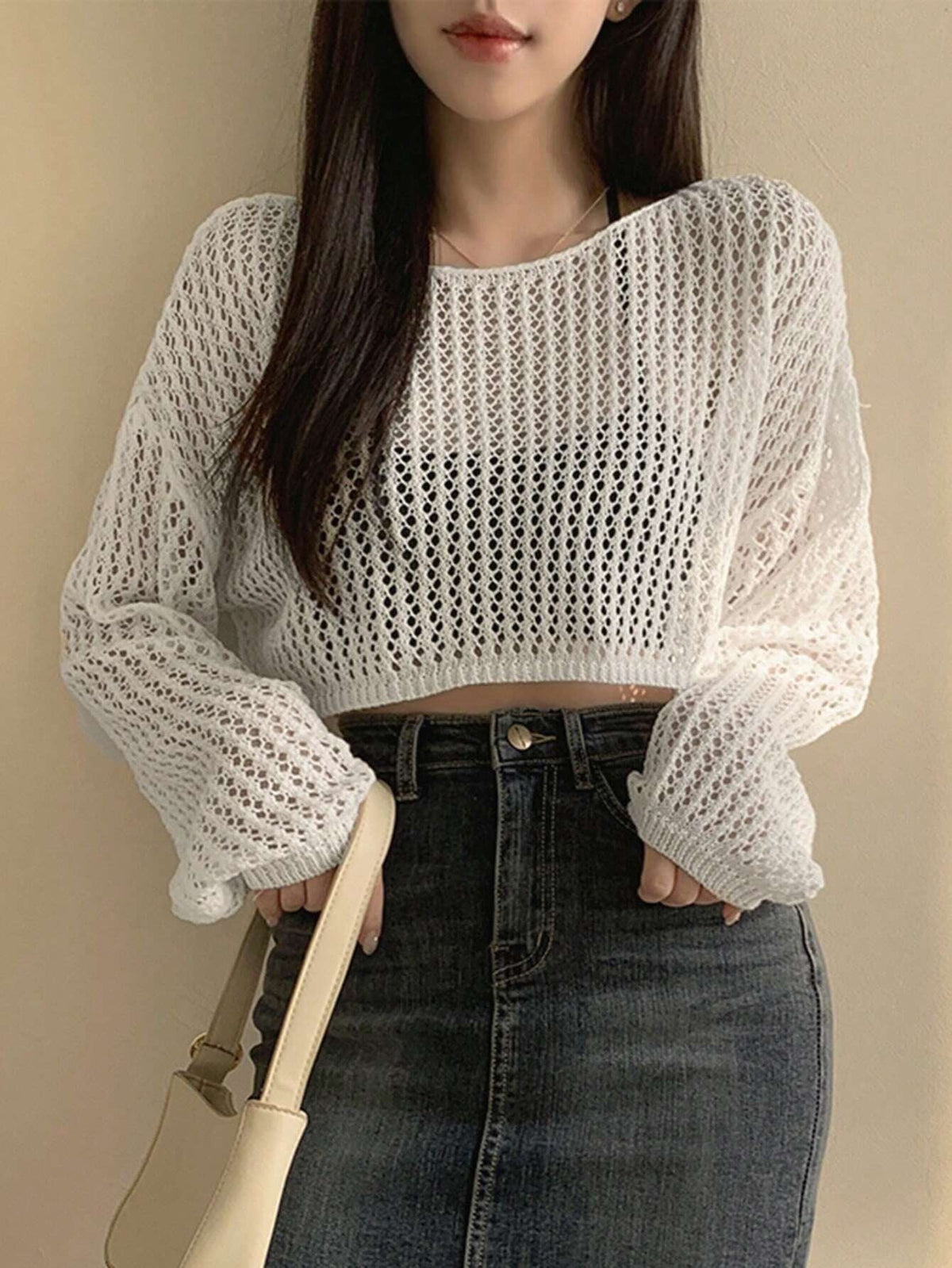 Damen luftiges cropped Strickoberteil im modernen Netzdesign R&B