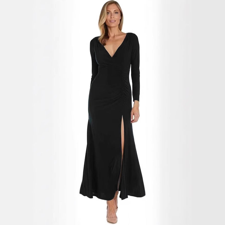Damen elegantes Maxikleid mit hohem Schlitz und raffiniertem V-Ausschnitt R&B