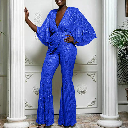Damen Glamouröser Jumpsuit mit funkelnden Pailletten und weitem Bein R&B