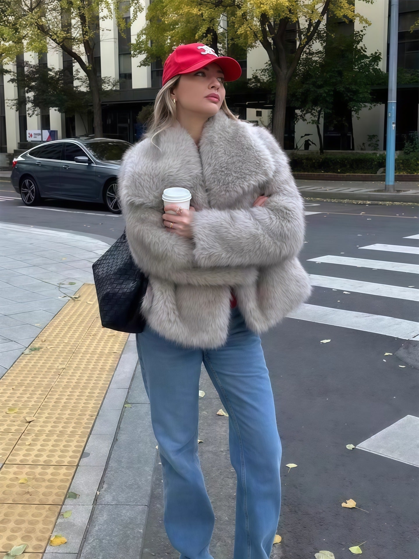 Damen Kunstpelzjacke mit luxuriösem Schnitt und weitem Kragen R&B