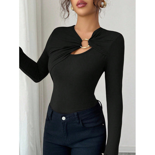 Damen Bodysuit mit dekorativem Ring-Detail und langem Arm R&B