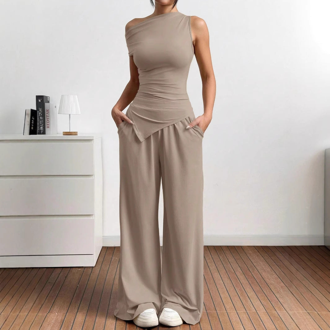 Damen elegantes und lässiges Jumpsuit-Set mit asymmetrischem Schnitt und weitem Bein R&B