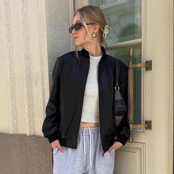 Damen Modische Bomberjacke aus weichem Kunstleder mit elastischen Bündchen R&B