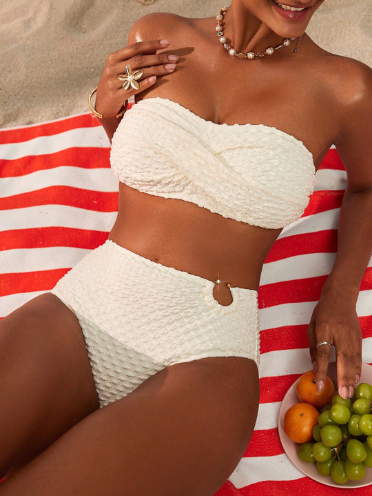 Damen Bandeau-Bikini mit strukturiertem Obermaterial und hochgeschnittenem Höschen R&B