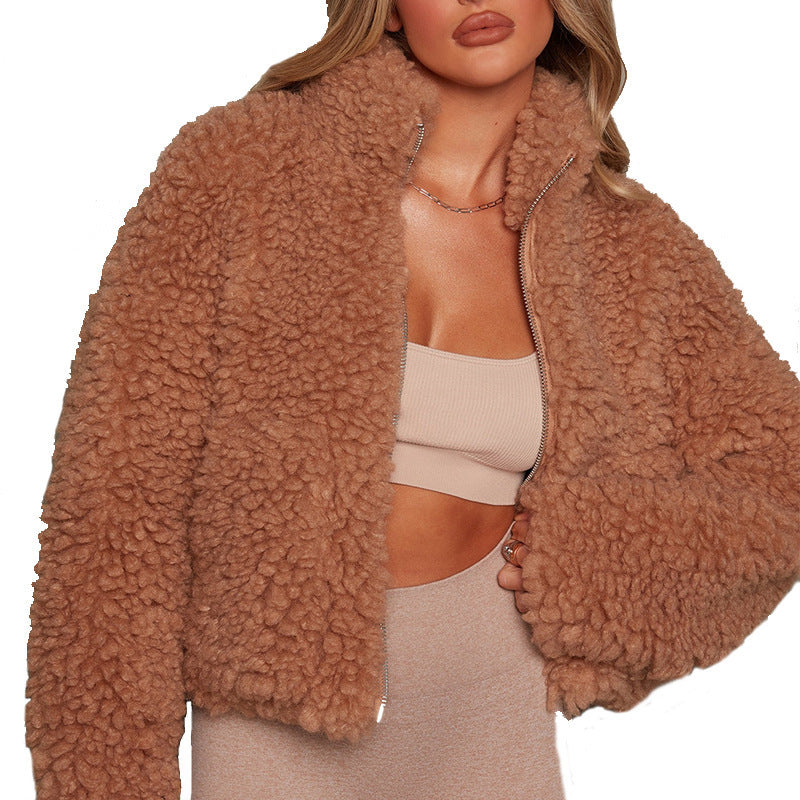 Damen Kuschelige Teddyjacke mit hohem Kragen und praktischen Taschen R&B
