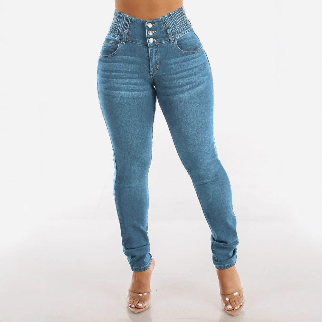 Damen Hochtaillierte Jeans mit elastischem Bund und Knopfdetails R&B