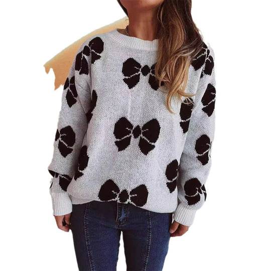 Damen lässiger Pullover mit verspieltem Schleifenmuster R&B