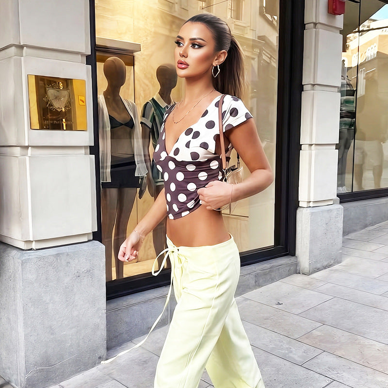 Damen Modisches Polka-Dots Oberteil mit tiefem V-Ausschnitt R&B