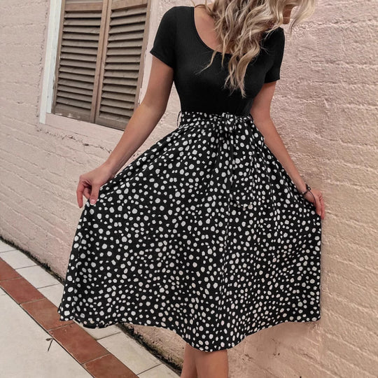 Damen Polka-Dots Kleid mit weitem Rock und Taillengürtel R&B