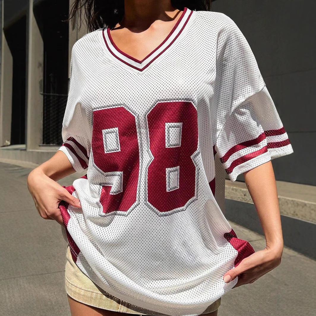Damen Sportliches Fußballtrikot mit luftiger Netzstruktur und V-Ausschnitt R&B