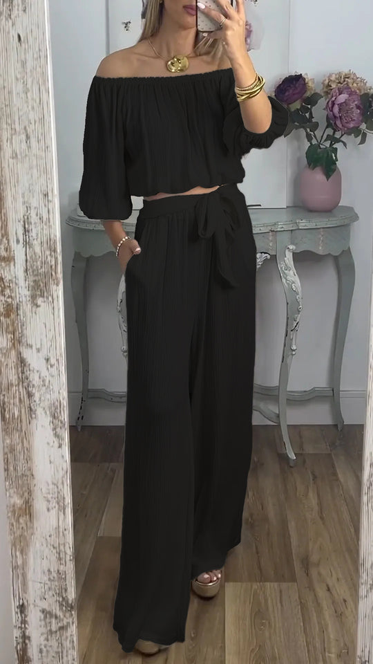 Damen Off-Shoulder Set mit weitem Hosen und taillierbarem Oberteil R&B