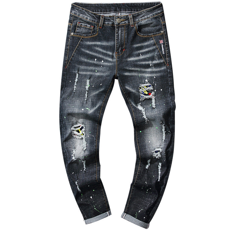 Herren Slim Fit Jeans mit kreativen Rissdesign und Farbklecksen R&B